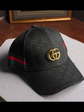 Gucci Black GG Monogram Baseball Cap with Web Stripe